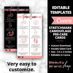 May include: Pink and black pre-care cards for stretch mark camouflage treatments. The cards include instructions such as avoiding tanning, caffeine, alcohol, and smoking. The cards are 3.5 x 2 inches and are editable in Canva. The text on the cards reads "Stretchmark Camouflage Pre-Care Cards".