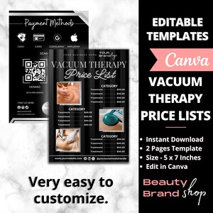 May include: Black and white printable template for a vacuum therapy price list. The template includes a logo placeholder, payment methods, a QR code, and a section for listing treatment prices. The text "Vacuum Therapy Price List" is in a large, bold font.