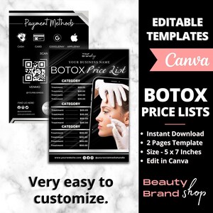 Botox Price List, Digital Botulinum Toxin and Dermal Fillers Pricelist, Pricelist Template, Business Menu for Aesthetician, Botox Lip Filler