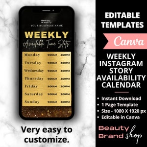 Weekly Availability Calendar Instagram Story, Gold Available Appointments Calendar, Instagram Story Schedule Templates, Beauty Spa Templates