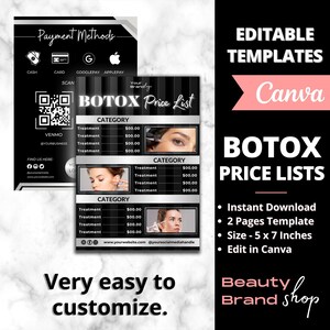 May include: Editable template for a Botox price list. The template is black and silver with a modern design. It includes a QR code, payment methods, and a section for listing prices. The template is easy to customize and can be used for any beauty business.