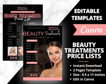 Beauty Treatments Price Lists, Botox Lip Filler Fat Removal Injectables Face, Beauty Salon, Menu Catalog,  Electronic Price List Template