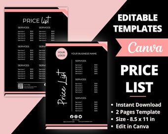 May include: A black and pink price list template for a beauty brand shop. The template is editable in Canva and includes two pages. The template is 8.5 inches by 11 inches.