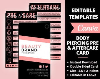 Tarjeta de cuidado posterior de perforación corporal, tarjeta de cuidado posterior de perforación corporal, tarjeta de cuidado posterior de perforación corporal, plantilla de cuidado posterior de perforación corporal, tarjeta de cuidado editable