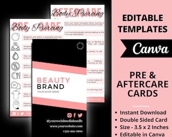 Tarjeta de cuidado posterior de perforación corporal, tarjeta de cuidado posterior de perforación corporal, tarjeta de cuidado posterior de perforación corporal, plantilla de cuidado posterior de perforación corporal, tarjeta de cuidado editable