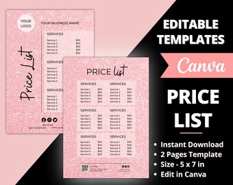 May include: Pink and white price list template for a beauty brand shop. The template is designed to be used with Canva and includes two pages. The template is 12.7 cm by 17.8 cm and is available for instant download.