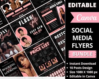 May include: A set of 10 social media flyers for a beauty brand. The flyers are designed in black and pink with images of women. The text on the flyers includes "Flash Sale", "Shop Now", "Price List", "Model Role Call", "Booking & Looking", "Day Goals", "Rest", and "Products". The flyers are editable in Canva and are available for instant download.