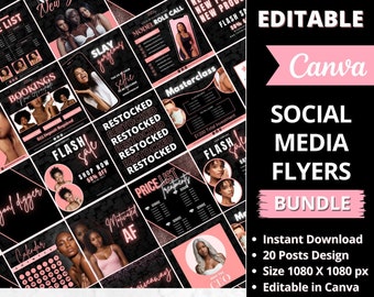 May include: A set of 20 social media flyers for a beauty brand shop. The flyers are black with pink accents and feature images of women. The text on the flyers includes "Editable Canva", "Social Media Flyers", "Bundle", "Instant Download", "20 Posts Design", "Size 1080 X 1080 px", "Editable in Canva", "Beauty Brand Shop", and "Very easy to customize."