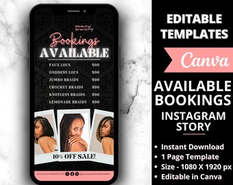 May include: A black and pink Instagram story template for a beauty brand shop. The template says "Bookings Available" and lists different types of braids with prices. The template also includes a 10% off sale offer and a call to action to visit the website and social media.