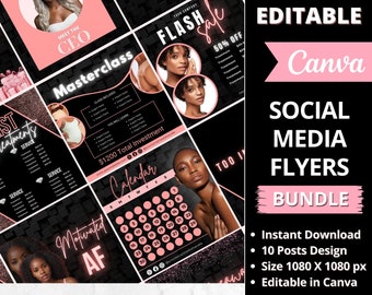 May include: A set of 10 social media flyers for a beauty brand. The flyers are black with pink accents and feature images of women. The text on the flyers includes "Meet the CEO", "Masterclass", "Flash Sale", "Motivated AF", "Calendar", and "Too In".