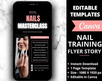 May include: A pink and black digital flyer for a nail training course. The flyer features a photo of a woman's hand with colourful nails. The text on the flyer reads "NAILS MASTERCLASS", "YOUR BUSINESS NAME", "WHAT YOU'LL GET", "Nail Techniques Mastery", "Nail Artistry Skills", "Artificial Nails Application", "Client Consultation", "Manicure and Pedicure", "Aftercare Guidance", "Nail Health and Safety", "Business and Marketing", "@yoursocialmediahandle", "@yoursocialmediahandle", "000-123-4567", "EDITABLE TEMPLATES", "Canva", "NAIL TRAINING FLYER STORY", "Instant Download", "1 Page Template", "Size - 1080 X 1920 px", "Editable in Canva", "Beauty Brand shop", "Very easy to customise."