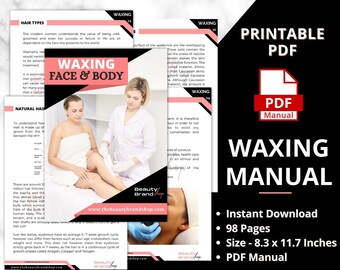 May include: Printable PDF manual for waxing, featuring a pink and black design with the title "Waxing Manual" and a list of features: Instant Download, 98 Pages, Size - 8.3 x 11.7 Inches, PDF Manual. The manual is non-editable and is available from Beauty Brand Shop.
