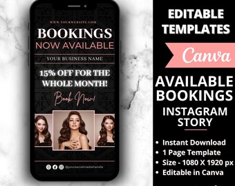 May include: A black and white Instagram story template for a beauty brand. The template features a black background with a geometric pattern, a pink text overlay that says "BOOKINGS NOW AVAILABLE", and a pink text overlay that says "15% OFF FOR THE WHOLE MONTH!" The template also includes a call to action to "Book Now!" and a social media handle. The template is editable in Canva and is available for instant download. The template is 1080 x 1920 pixels.