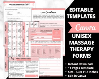Massage Therapy Forms - Massage Consent, Massage Consultation, Massage Intake Forms, Esthetician Template, Lymphatic Massage, Canva Template