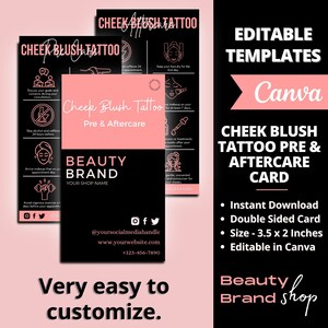 Cheek Blush Tattoo Nazorg sjabloon, minimalistische Cheek Blush & Tint Care Instructies Gids, aangepaste PMU zorgkaarten afdrukbaar