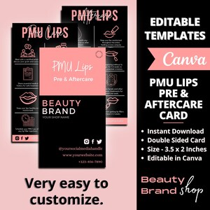 Modello di post-terapia per fard per labbra, scheda di cura per trucco permanente modificabile, modello di scheda per cura per piccole imprese, PMU Lip Blush Aftercare