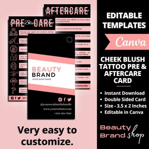 Cheek Blush Tattoo Nazorg sjabloon, minimalistische Cheek Blush & Tint Care Instructies Gids, aangepaste PMU zorgkaarten afdrukbaar