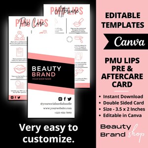 Plantilla de cuidado posterior de rubor labial, tarjeta de cuidado de maquillaje permanente editable, plantilla de tarjeta de cuidado para pequeñas empresas, cuidado posterior de rubor labial PMU