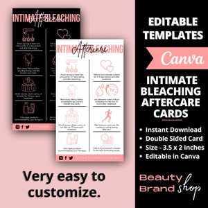 May include: Two pink and black printable cards with instructions for intimate bleaching aftercare. The cards are editable in Canva and include instructions like avoiding saunas, steam rooms, or hot tubs for 72 hours after treatment, wearing loose-fitting clothes, and using lukewarm water without exfoliation for the first 72 hours after treatment. The text "INTIMATE BLEACHING AFTERCARE CARDS" is in large white letters on a pink background.