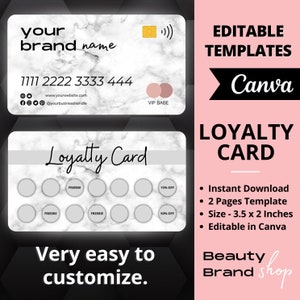 Può includere: Modello di carta fedeltà modificabile Canva. La carta ha uno sfondo in marmo con un bordo grigio e una casella di testo bianca che dice "Loyalty Card". La carta ha 10 cerchi per i timbri, con il testo "Freebie" e "15% Off" e "50% Off" stampato sulla carta. La carta misura 3,5 pollici per 2 pollici.