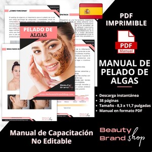 May include: A pink and black digital download for a manual on how to perform an algae facial. The manual is 38 pages long and is 8.3 inches by 11.7 inches. The text on the image reads "Manual de Pelado de Algas" which translates to "Algae Peeling Manual".