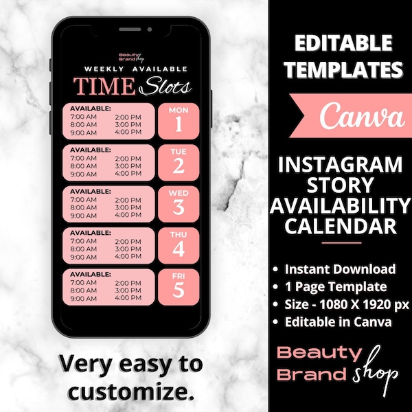 Weekly Availability Calendar Instagram Story, Black Pink Available Appointments Calendar, Instagram Story Schedule Template, Beauty Template