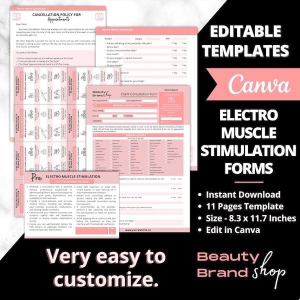 EMS Electro Neuromuscular Stimulation Forms I DIY Editable Printable Canva Template I Microcurrent Facial Forms I Esthetician Business Forms