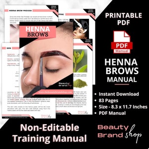 Op de afbeelding: Printbare PDF-handleiding voor henna wenkbrauwen, met een close-up afbeelding van een vrouwenoog met henna wenkbrauwen, een hennaplant en de tekst "Henna Brows Manual". De handleiding bevat 83 pagina's en is 8,3 x 11,7 inch.