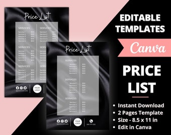May include: Editable Canva template for a price list for a beauty brand shop. The template features a black background with a gray overlay and a satin texture. The text "Price List" is written in white at the top of the page. The template includes sections for services and prices. The template is 8.5 inches by 11 inches.