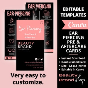 Ear Piercing Aftercare Template, Editable Piercing Guide Card, Piercing Care, Printable Small Business Cards Canva Template, Ear Piercing