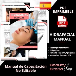 May include: A pink and white digital download manual for a HydraFacial treatment. The manual is 118 pages long and is 8.3 inches by 11.7 inches. The manual is not editable and is available for instant download. The text on the cover reads "HydraFacial Manual" and "Beauty Brand Shop".