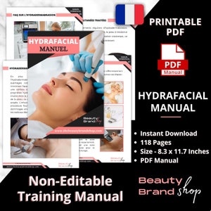 Może przedstawiać: Drukowany podręcznik PDF do zabiegów HydraFacial. Okładka przedstawia kobietę otrzymującą zabieg na twarz, z tekstem "HydraFacial Manual" dużymi, pogrubionymi literami. Podręcznik ma 118 stron i mierzy 8,3 x 11,7 cala.