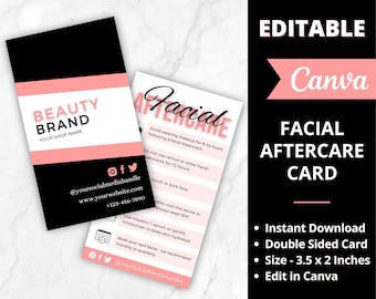 Tarjeta de cuidado posterior facial editable, Guía de cuidado posterior al tratamiento facial, Tarjetas de belleza imprimibles, Instrucciones de cuidado del esteticista, Descarga instantánea