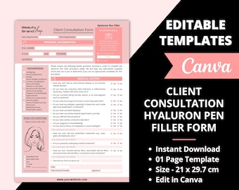 Hyaluron Pen Filler Form, Editable Consultation Form, Hyaluronic Pen Filler Forms, Client Record Form, Consent Form, Esthetician Forms
