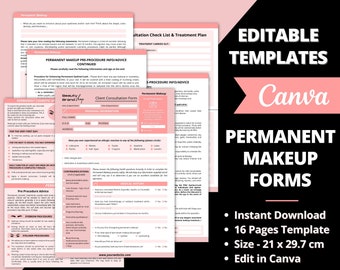 Editable Permanent Makeup Forms, PMU Consent Forms, Microblading Forms, Micropigmentation Forms, Esthetician Forms, Eyeliner/ Brows, Canva