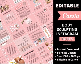 May include: Editable Canva Instagram post templates for body sculpting businesses. The pink and black design features text that says "Body Sculpting Instagram Posts", "Instant Download", "50 Posts Design", "Size 1080 X 1080 px", "Editable in Canva", and "Beauty Brand Shop".