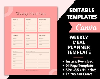 Editable Weekly Meal Planner, Canva Meal Planner, 7 Day Meal Planner, Food Planner, Meal Planning, Meal Planner, Meal Tracker, Food Plan