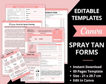 Spray Tan Forms, Spray Tanning Consultation Forms, Spray Tanning Forms, Spray Tan Aftercare Cards, Spray Tan Templates, Beauty Salon Consent