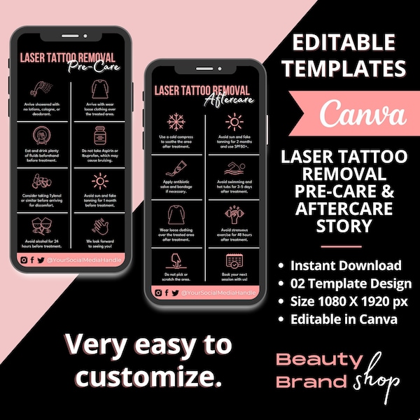 Laser Tattoo Removal Precare and Aftercare Instagram Story, Tattoo Removal Aftercare Story, Laser Tattoo Removal Story Template, Canva Story