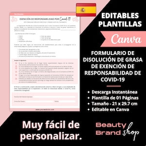 May include: Pink and white printable form with the title "Exemption of Responsibility for Covid-19". The form includes a checklist of questions to be answered by the client before receiving treatment. The form is designed for use in a beauty shop or salon.