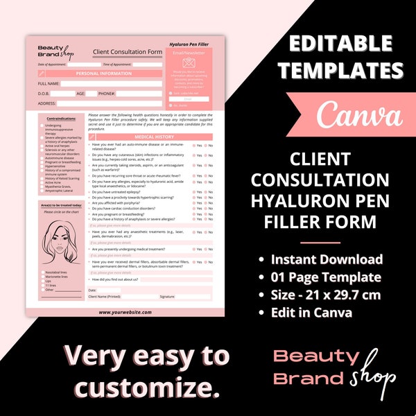 Hyaluron Pen Filler Form, Editable Consultation Form, Hyaluronic Pen Filler Forms, Client Record Form, Consent Form, Esthetician Forms