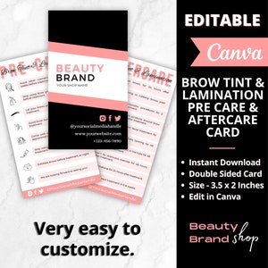 Brow Lamination Precare en Aftercare Card Template, Brow Tint Aftercare Card, Client Aftercare Cards, Wenkbrauw voor- en nabehandeling, Canva