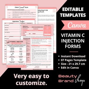 Formulaires d'injection de vitamine C, formulaire de consentement, formulaire de vitamine C injectables, suivi des injections de vitamine C, formulaire d'admission du client, consultation, injection de vitamine C