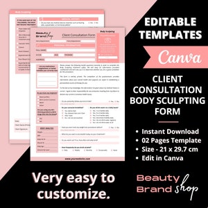 Puede incluir: Plantilla editable para un formulario de consulta de cliente para esculpir el cuerpo. El formulario rosa y blanco tiene secciones para la historia clínica, la información personal, el análisis corporal y preguntas sobre dieta y ejercicio. El texto "Beauty Brand Shop" está en la parte superior del formulario. El texto "Plantillas editables Canva" está en la parte superior derecha del formulario. El texto "Formulario de consulta de cliente para esculpir el cuerpo" está en el centro del formulario. El texto "Descarga instantánea, plantilla de 2 páginas, tamaño - 21 x 29,7 cm, editar en Canva" está en la parte inferior derecha del formulario.