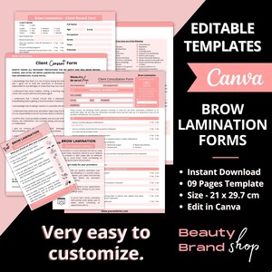 Toestemmingsformulieren voor wenkbrauwlaminering, formulieren voor wenkbrauwlaminering, sjabloon voor wenkbrauwtint, kaart voor nazorgadvies, lamineren van wimpers en wenkbrauwen, formulieren voor schoonheidsspecialiste