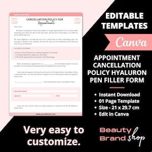 Editable Cancellation Policy, Hyaluron Pen Filler Forms, Hyaluronic Pen Filler Forms, Consultation Form, Consent Form, Esthetician Forms