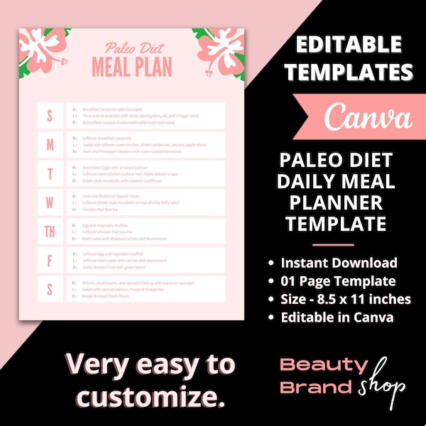 Daily Meal Planner, Paleo Diet Meal Planner, Editable Diet Planner, Diet Meal Planner, Meal Planning, Meal Planner, Meal Tracker, Food Plan