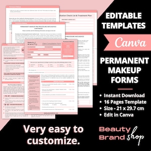 Editable Permanent Makeup Forms, PMU Consent Forms, Microblading Forms, Micropigmentation Forms, Esthetician Forms, Eyeliner/ Brows, Canva