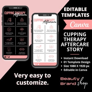 May include: Pink and black Canva template for a social media story about cupping therapy aftercare. The template includes a list of tips for aftercare, such as staying hydrated, avoiding hot showers, and getting enough rest. The template is editable in Canva and is available for instant download.