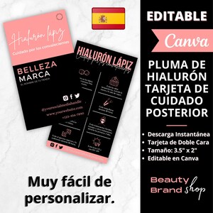 May include: A pink and black double-sided card with the text "Hialurón Lápiz" and "Cuidado por los convalecientes". The card also includes the text "Belleza Marca" and "El nombre de tu tienda". The card is designed for a beauty brand and includes social media handles and a website address. The card is 3.5 inches by 2 inches and is editable in Canva.
